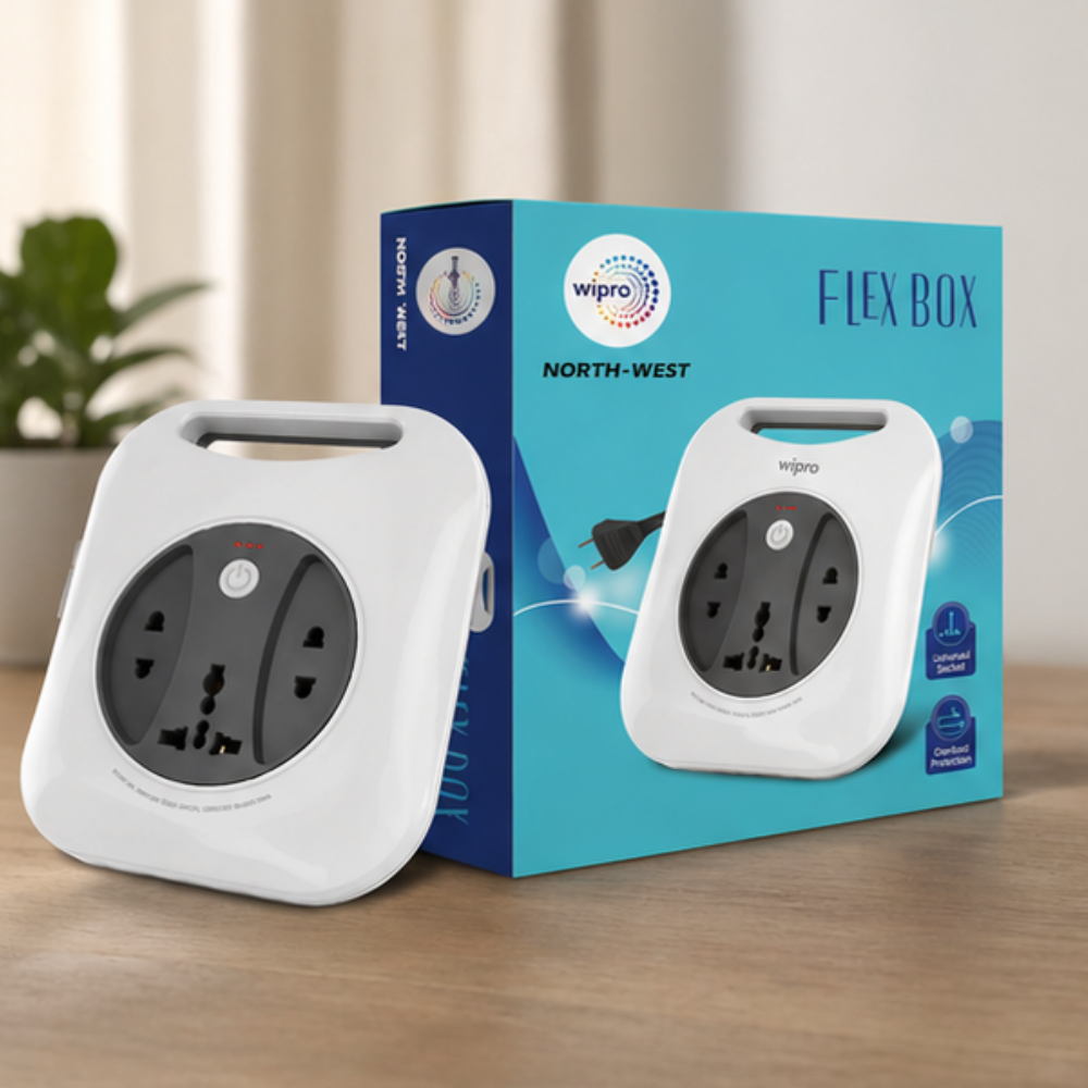 Wipro Flex Box North-West universal extension cord with retail packaging showing overload protection and universal socket features
