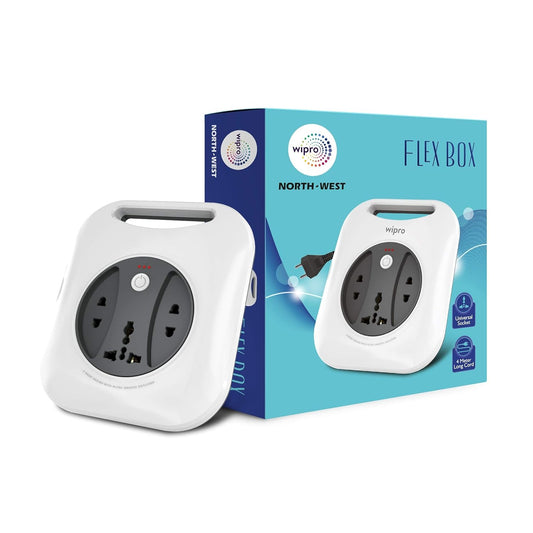 Wipro flex box, Wipro extension board, universal socket extension, power extension box 4 meter, multi plug extension board, surge protector extension cord, portable power strip India, Wipro flex cord box, extension board with handle, Wipro multi socket box 
