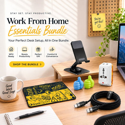 GrunX Work From Home Essentials Bundle with Universal portable phone stand, mouse pad, USB-C 6 feet 100w charging cable and wipro travel adapter