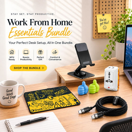 GrunX Work From Home Essentials Bundle with Universal portable phone stand, mouse pad, USB-C 6 feet 100w charging cable and wipro travel adapter