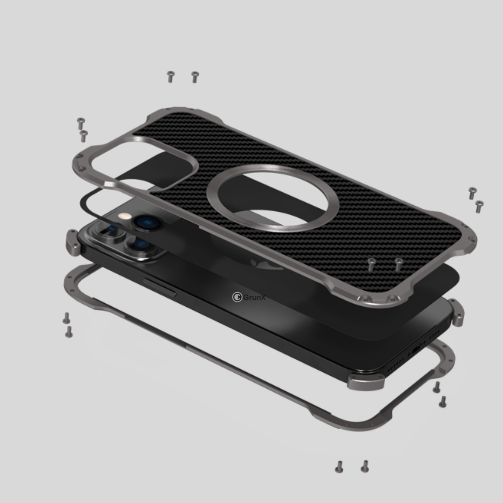 GRUNX Xman aluminum carbon fiber iPhone case magnetic ring precision alignment MagSafe India
