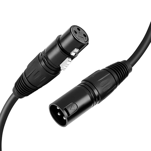 XLR male to XLR female balanced microphone cable close-up showing 3-pin connectors with locking mechanism on white background