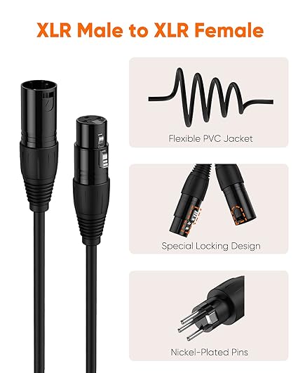 XLR male to XLR female cable features showing flexible PVC jacket special locking design and nickel-plated pins