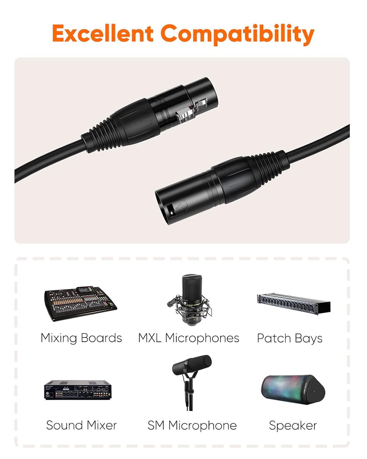 XLR cable excellent compatibility with mixing boards MXL microphones patch bays sound mixers SM microphones and speakers