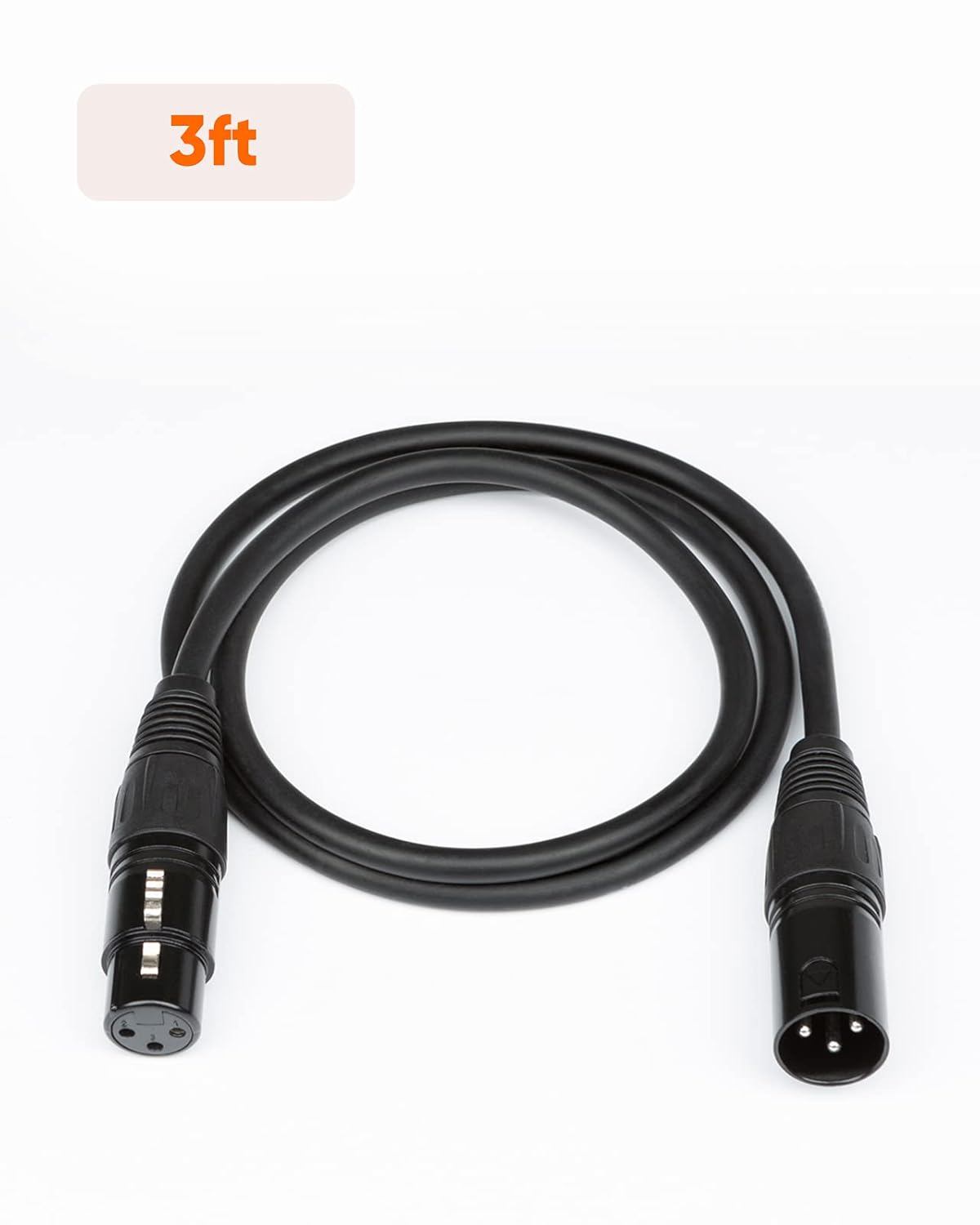 3ft XLR male to XLR female balanced microphone cable black on white background