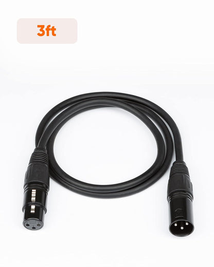 3ft XLR male to XLR female balanced microphone cable black on white background