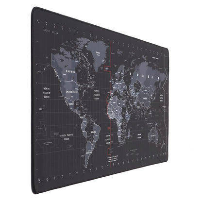 Large extended world map mouse pad desk mat with detailed country labels time zones black background and anti-fraying stitched edges angled view on white background