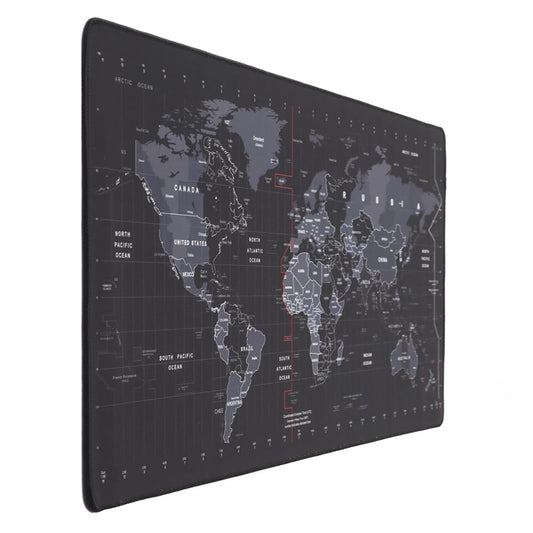Large extended world map mouse pad desk mat with detailed country labels time zones black background and anti-fraying stitched edges angled view on white background