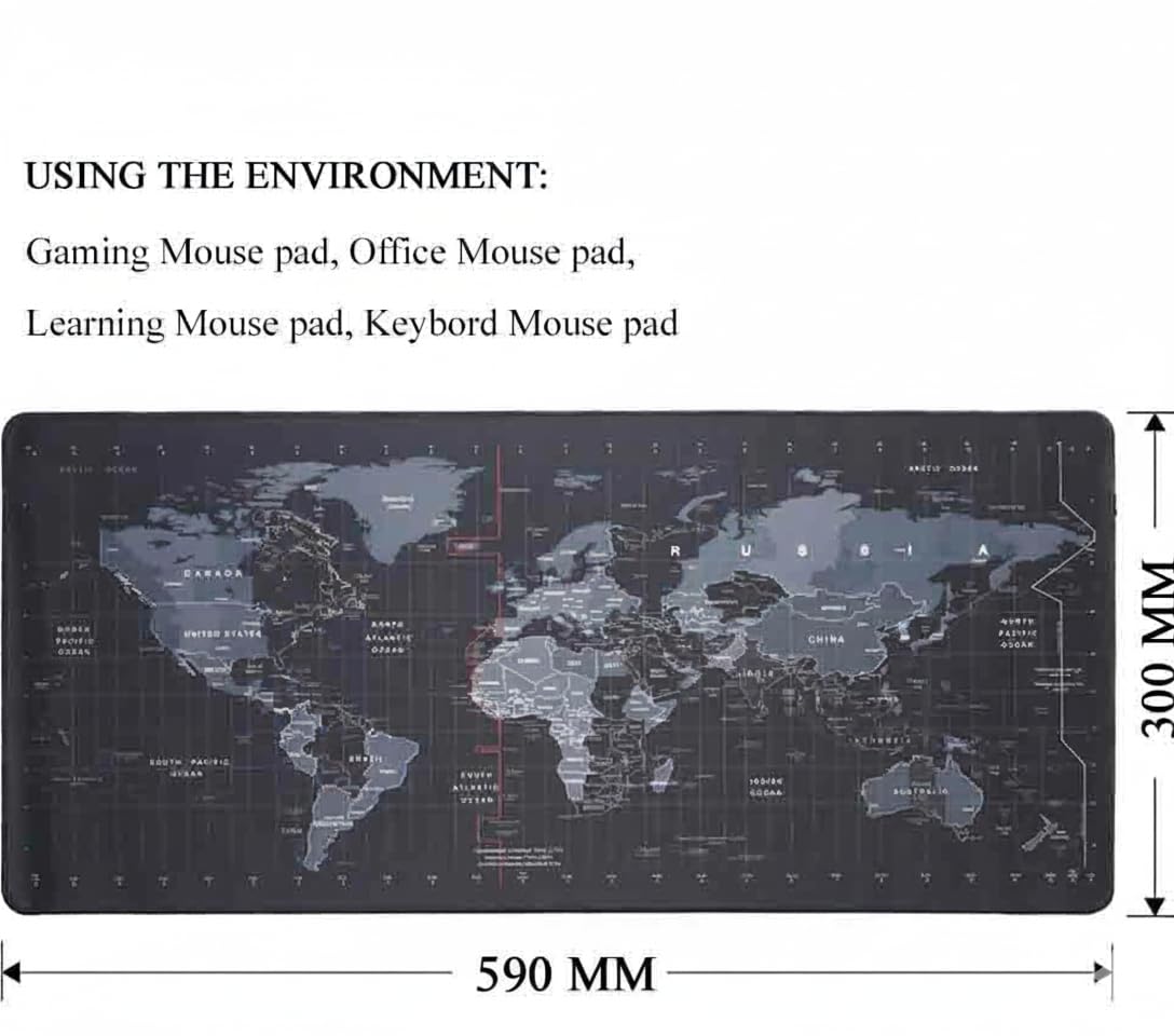 Extra large world map desk mat dimensions 590mm x 300mm suitable for gaming office learning and keyboard mouse pad setup