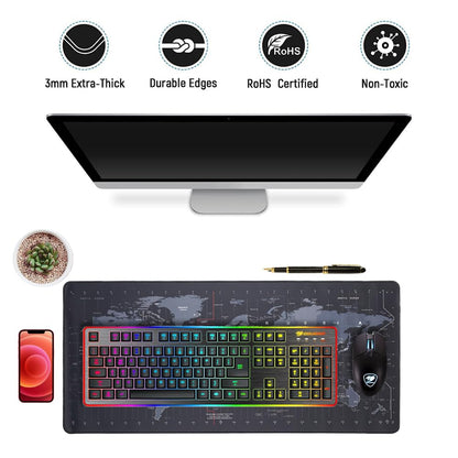 Extra large world map gaming mouse pad desk mat 3mm thick RoHS certified non-toxic durable edges with RGB mechanical keyboard and gaming mouse setup