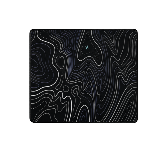 XXL extended desk mouse pad with black topographic contour map design and blue purple accent lines flat lay view