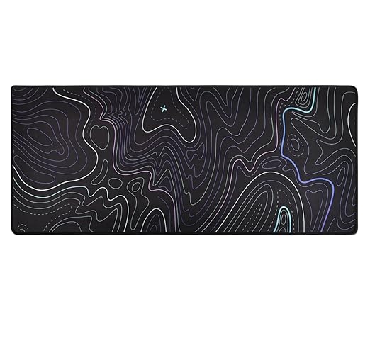 XXL extended desk mouse pad with black topographic contour map design and blue purple accent lines flat lay view