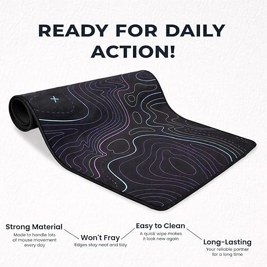 Rolled large desk mouse pad with topographic pattern showing strong non-fray stitched edges and easy-to-clean surface
