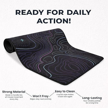 Rolled large desk mouse pad with topographic pattern showing strong non-fray stitched edges and easy-to-clean surface