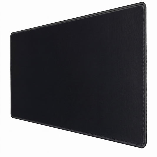 A large black gaming desk mat with a stitched border, shown at an angle on a plain white background.