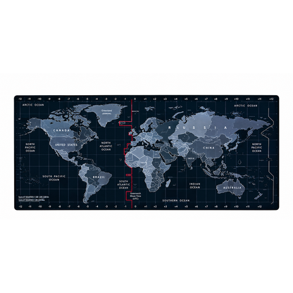 Large extended world map desk mat with detailed country labels oceans and time zones on dark black background full view