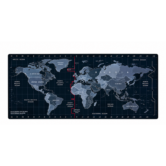 Large extended world map desk mat with detailed country labels oceans and time zones on dark black background full view