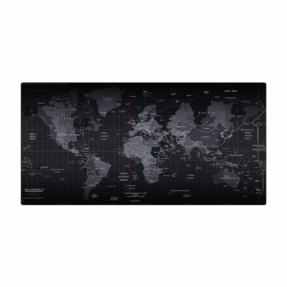 Large extended world map desk mat with detailed country labels oceans and time zones on dark black background full view