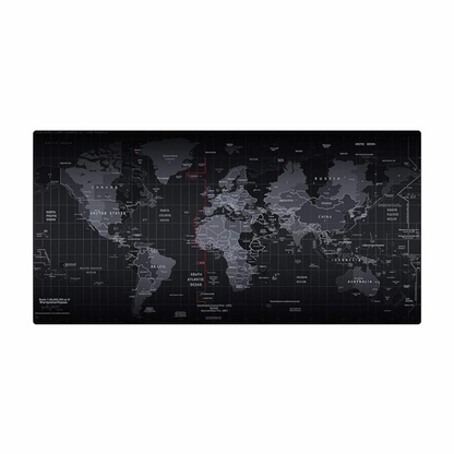 Large extended world map desk mat with detailed country labels oceans and time zones on dark black background full view