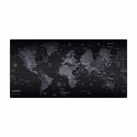 Large extended world map desk mat with detailed country labels oceans and time zones on dark black background full view