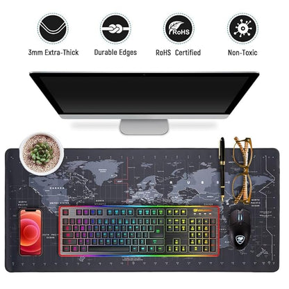 World map design XXL gaming desk mat with RGB keyboard and mouse showing 3mm thick durable RoHS certified non-toxic features