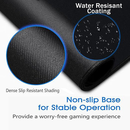 Black gaming mat with water-resistant coating and slip-resistant texture, shown rolled up with circular detail insets highlighting the fabric texture and water droplet resistance. Text overlays describe features like dense slip-resistant shading and non-slip base for stable operation.
