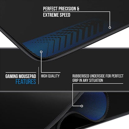 Gaming mousepad shown in a composite feature graphic with text callouts highlighting perfect precision and speed, high quality, and a rubberised underside for grip.