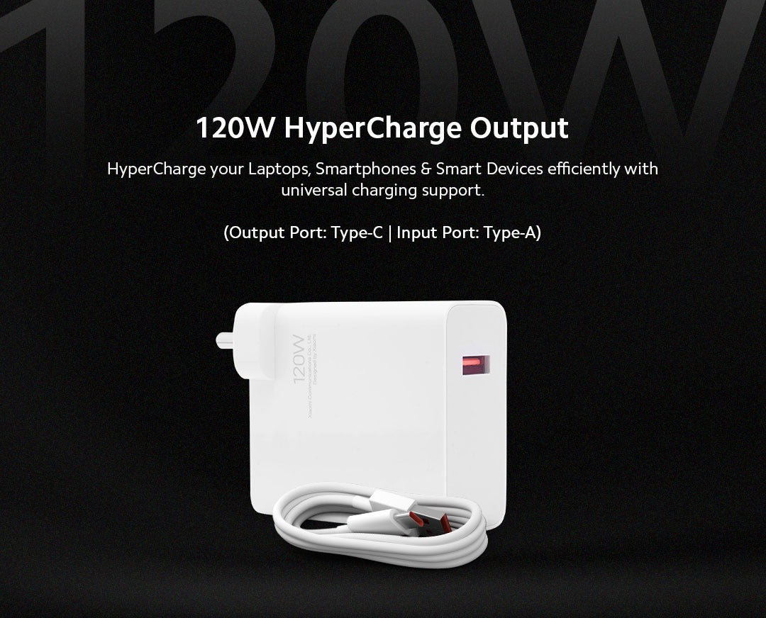Xiaomi 120W charger and USB-C cable – Sleek white design with 6A Type-C cable included for fast charging – available at GrunX