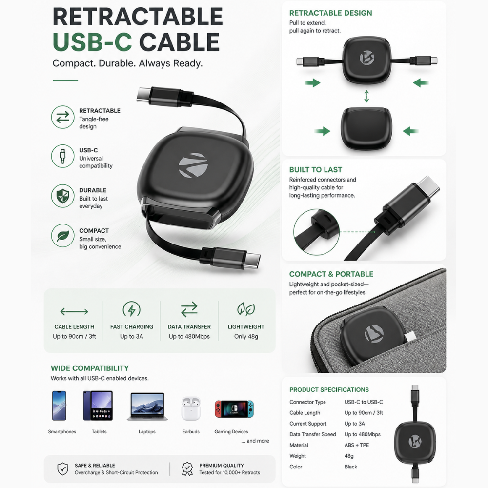 Retractable USB-C cable product infographic showing compact durable design, tangle-free retractable mechanism, universal compatibility with smartphones tablets and laptops, fast charging up to 3A, data transfer up to 480Mbps, and portable 48g lightweight construction