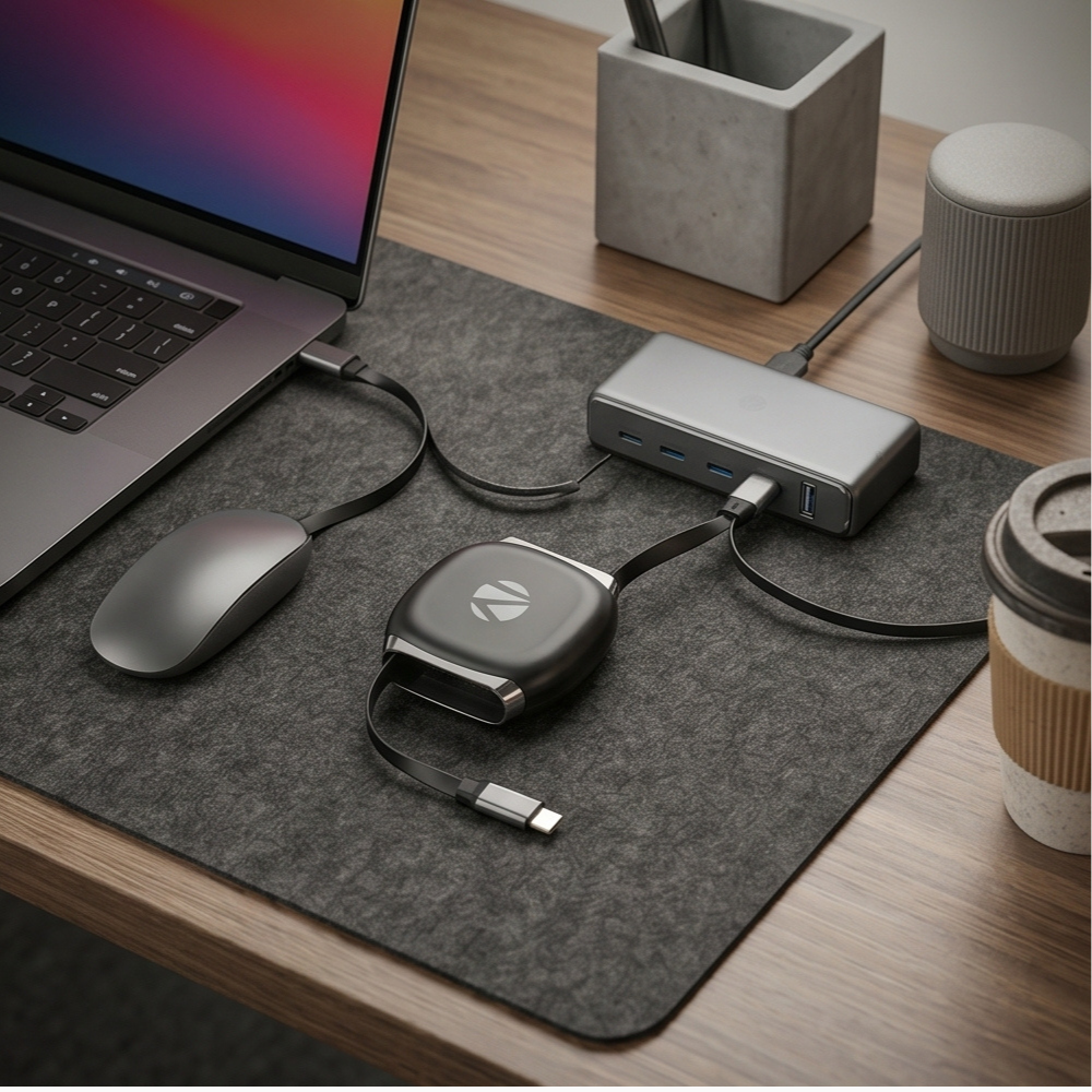 USB-C cable organizer with metal accents positioned on gray desk pad next to laptop, wireless mouse, power bank, and coffee mug in modern workspace