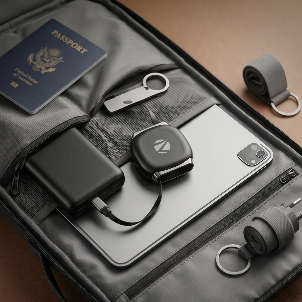 Black USB-C cable organizer with retractable design displayed in travel organizer bag next to passport, power bank, and tech accessories