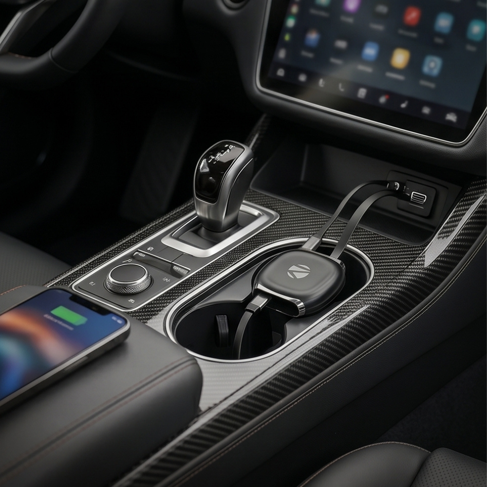 USB-C cable organizer mounted in car cup holder, showcasing compact cable management in automotive environment with phone charging