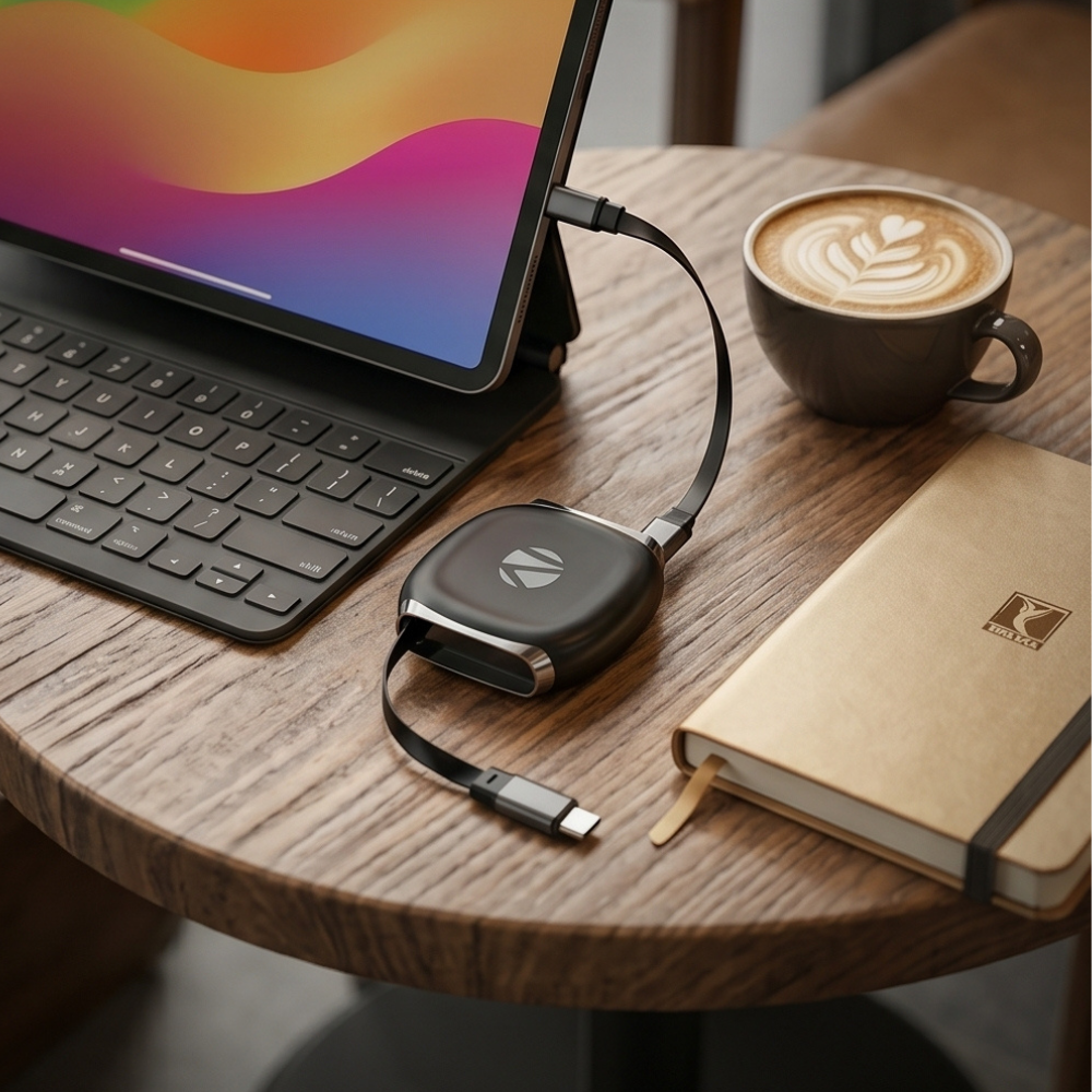USB-C cable organizer with retractable cable displayed on wooden desk next to tablet, wireless keyboard, coffee, and notebook