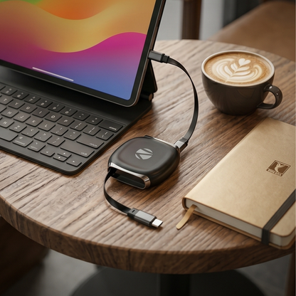 USB-C cable organizer with retractable cable displayed on wooden desk next to tablet, wireless keyboard, coffee, and notebook