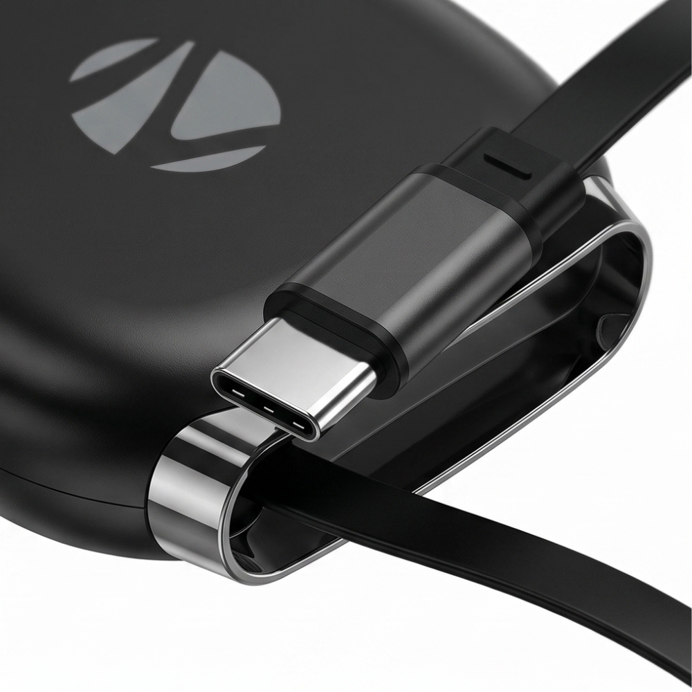 Close-up of USB-C cable organizer showing metal connector ring and flexible cable management system with premium build quality