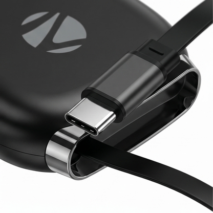 Close-up of USB-C cable organizer showing metal connector ring and flexible cable management system with premium build quality
