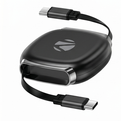 Black portable USB-C cable organizer with retractable cord and chrome accents, displaying compact cable storage solution