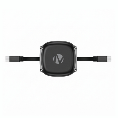 USB-C cable organizer with dual-port design and retractable cables arranged in flat configuration for travel and storage