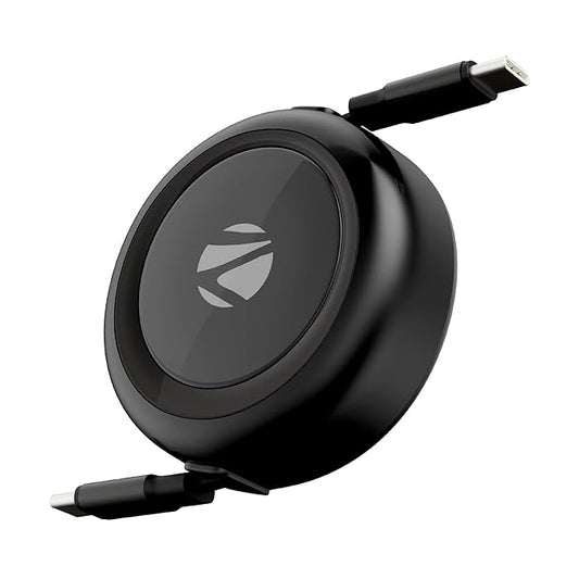 Zebronics retractable Type-C to Type-C cable black glossy round disc housing dual connectors on white background 