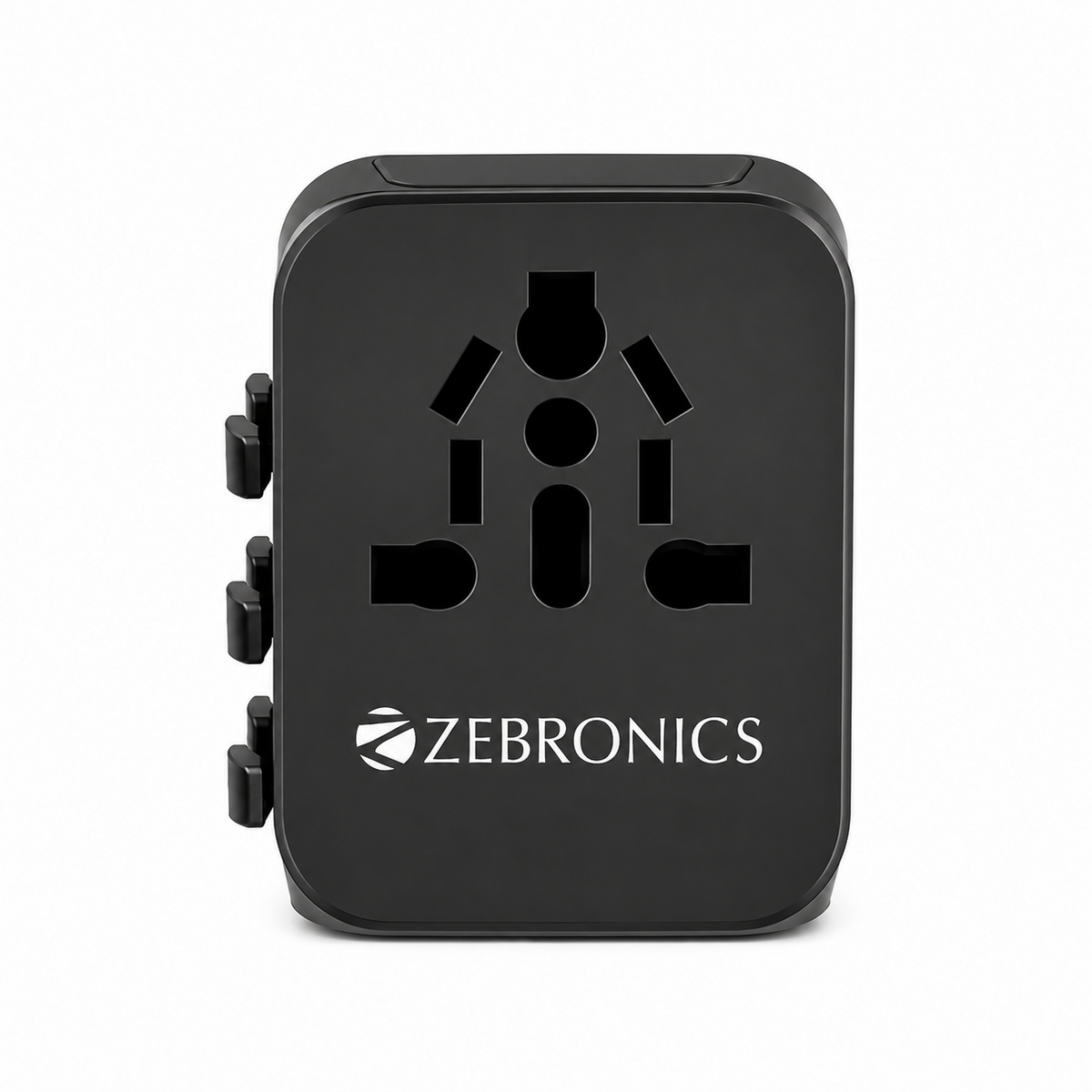 A black Zebronics multi-socket wall adapter plug with the brand name printed in white on the front, set against a plain white background.