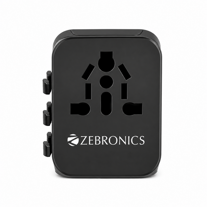 A black Zebronics multi-socket wall adapter plug with the brand name printed in white on the front, set against a plain white background.