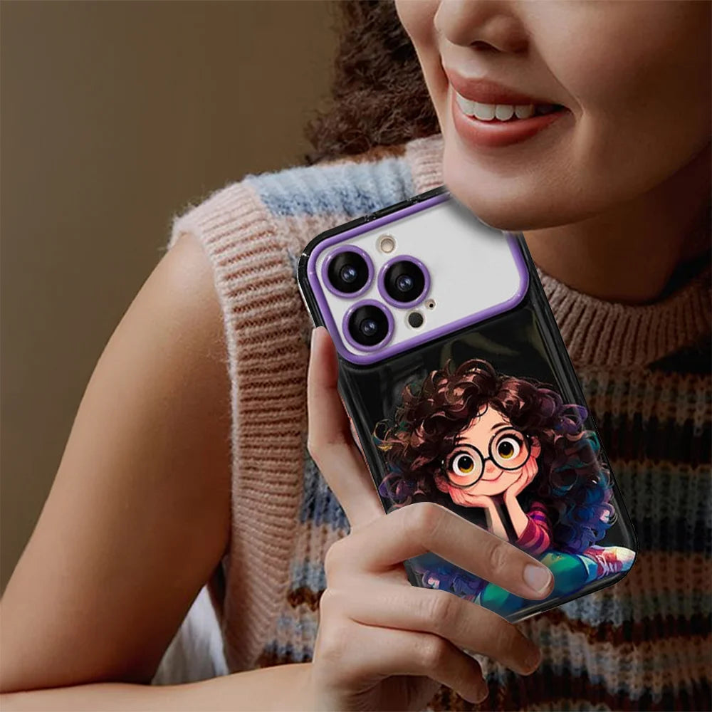 GRUNX Zoya iPhone 16 Pro Max curly hair girl case purple back view showing graphic design and camera cutout India
