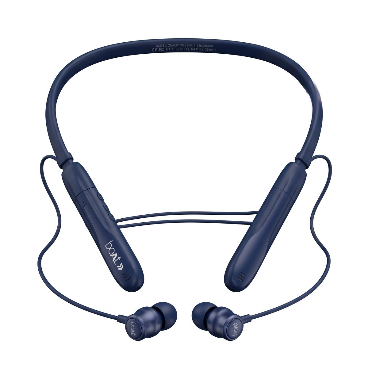 Navy blue wireless neckband headphones with in-ear earbuds, shown on a solid white background.