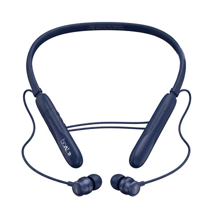 Navy blue wireless neckband headphones with in-ear earbuds, shown on a solid white background.