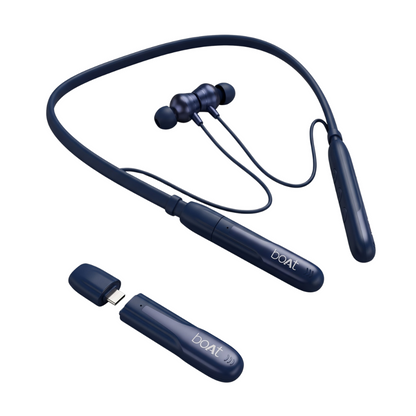 Blue-tooth neckband-style wireless earphones with a separate small dongle shown on a plain white background. The earphones are dark navy blue, and the brand name BOAT is visible on the neckband and dongle.