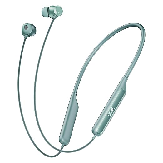 Teal wireless earbuds with a neckband on a white background