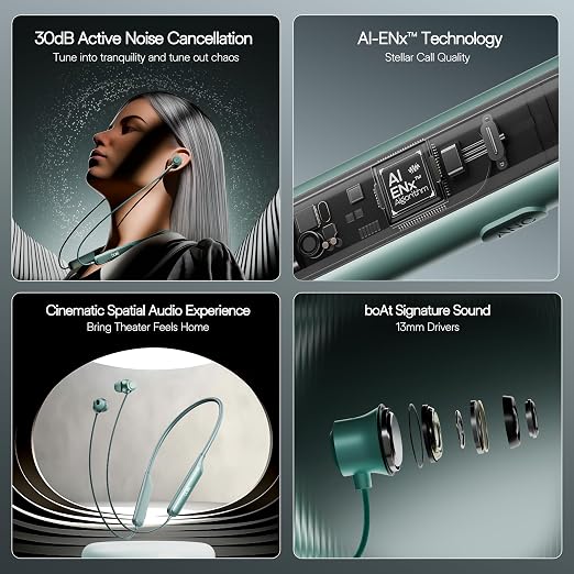 A 2x2 promotional graphic for wireless earbuds. The top-left panel shows a woman wearing the earbuds with marketing text about 30dB active noise cancellation.