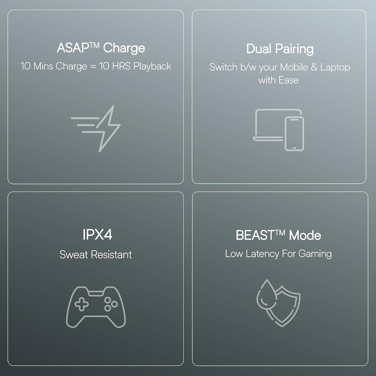 A four-panel feature graphic on a dark gray background showing product claims: ASAP Charge with 10 mins charge = 10 hrs playback, Dual Pairing for mobile and laptop switching, IPX4 sweat resistance, and BEAST Mode low latency for gaming.