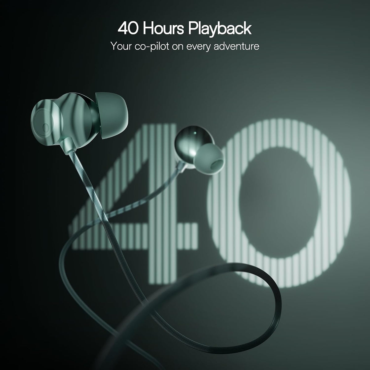 Earbuds with '40 Hours Playback' text on a dark background