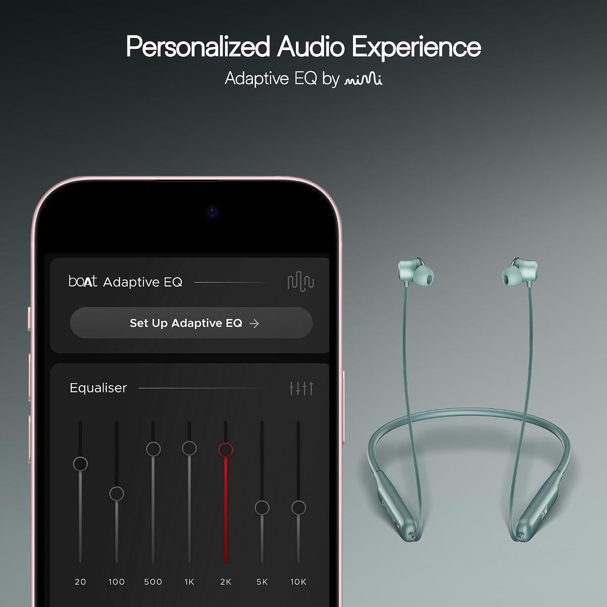Light blue wireless neckband headphones displayed next to a smartphone showing the DOAT Adaptive EQ app interface, with the text 'Personalized Audio Experience' at the top.